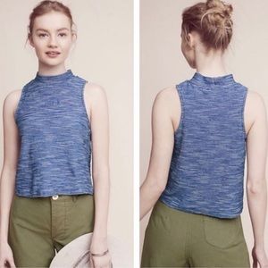 Anthropologie Postmark Cropped Mock Neck Striped Tank Top Blue White Large